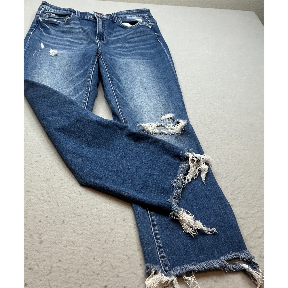Mica Denim Distressed Cropped Jeans Raw Hem Medium Wash Blue Womens 29